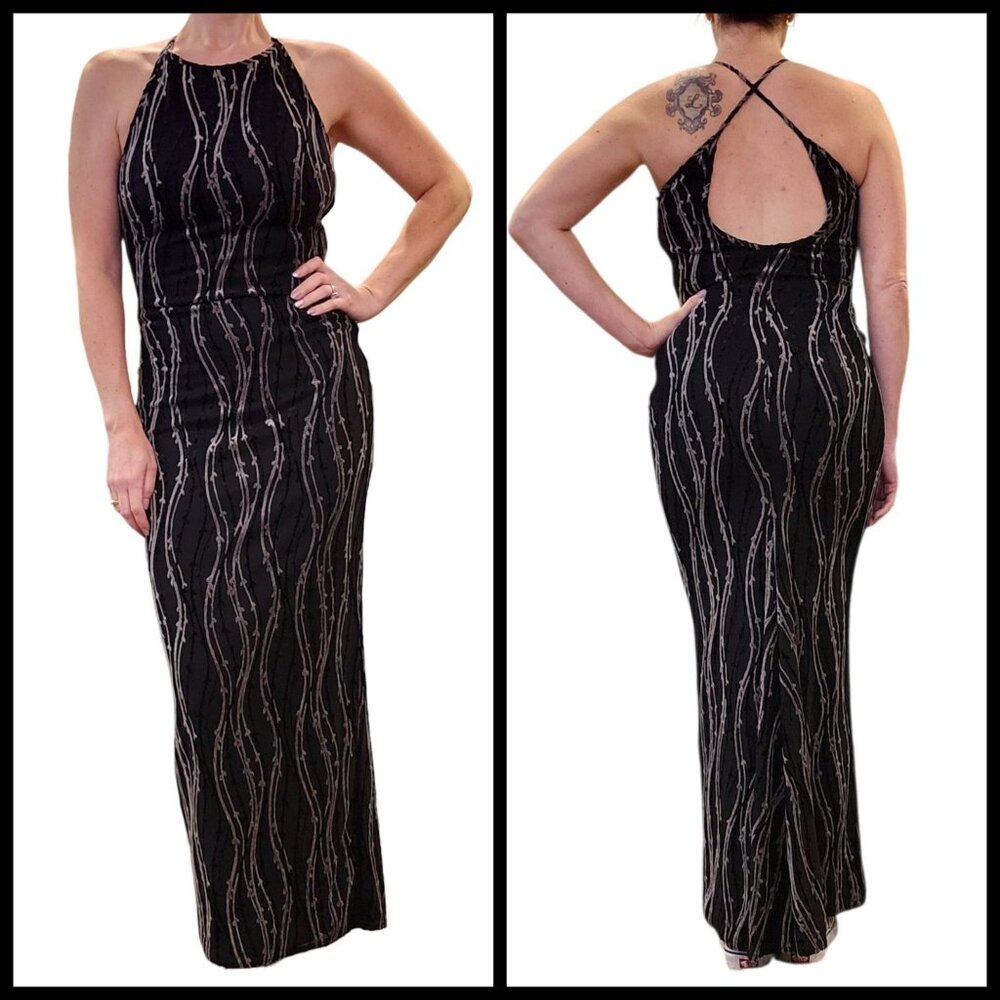 90s Y2K Gunne Sax Black Formal Halter Dress Gray Swirls Sz Small 4‎ 6 Whimsigoth
